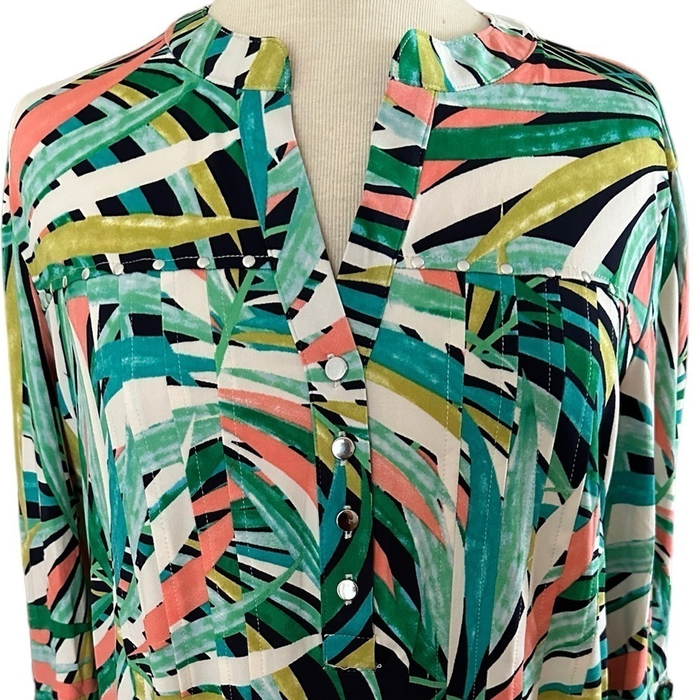 COCOMO XL Green Multicolored 3/4 sleeve Studded women’s Pintuck Blouse t… - Picture 7 of 12